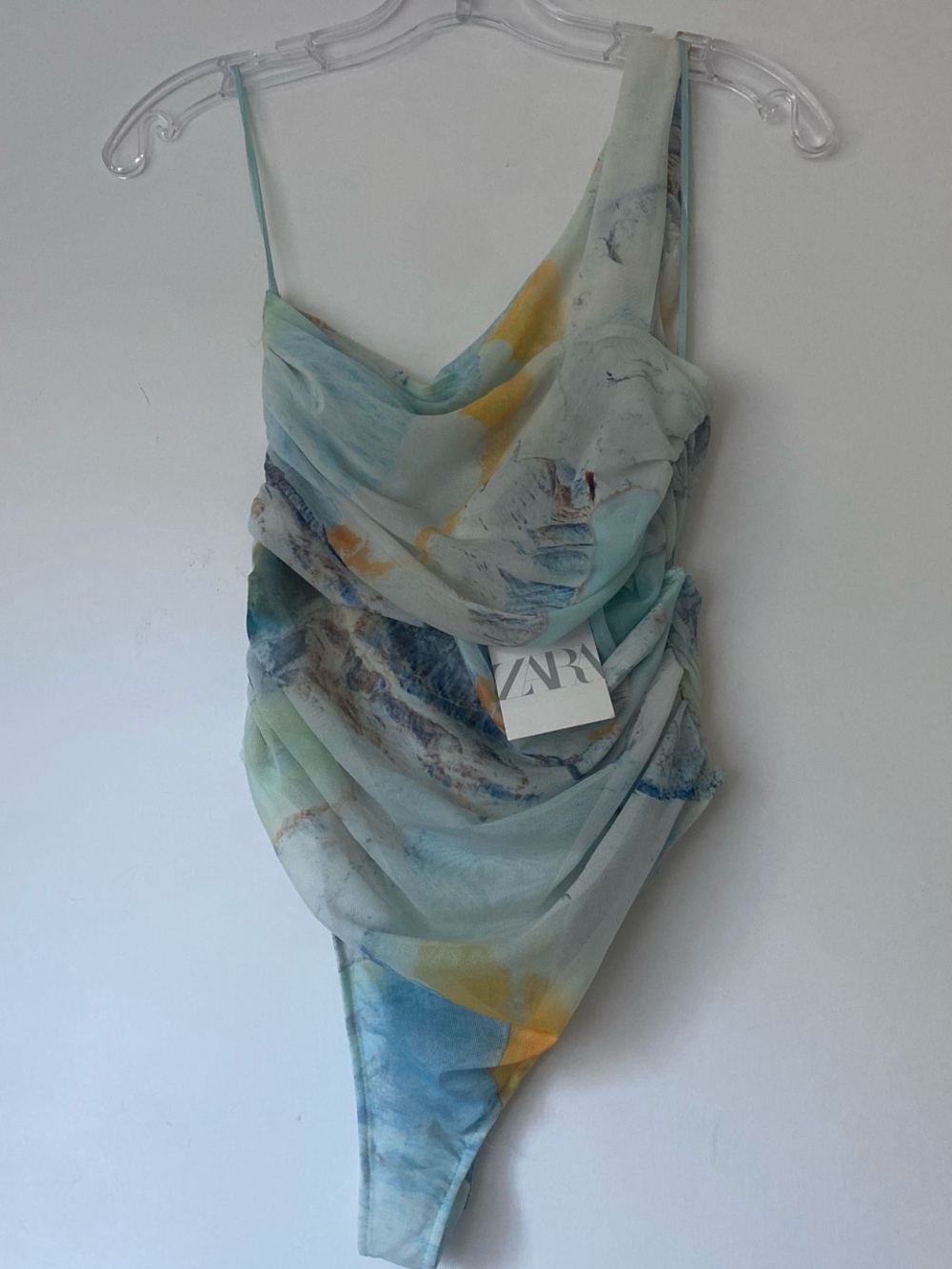 Zara Asymmetric Marble-Print One-Shoulder Bodysuit Aqua, Blue & Yellow new sz M